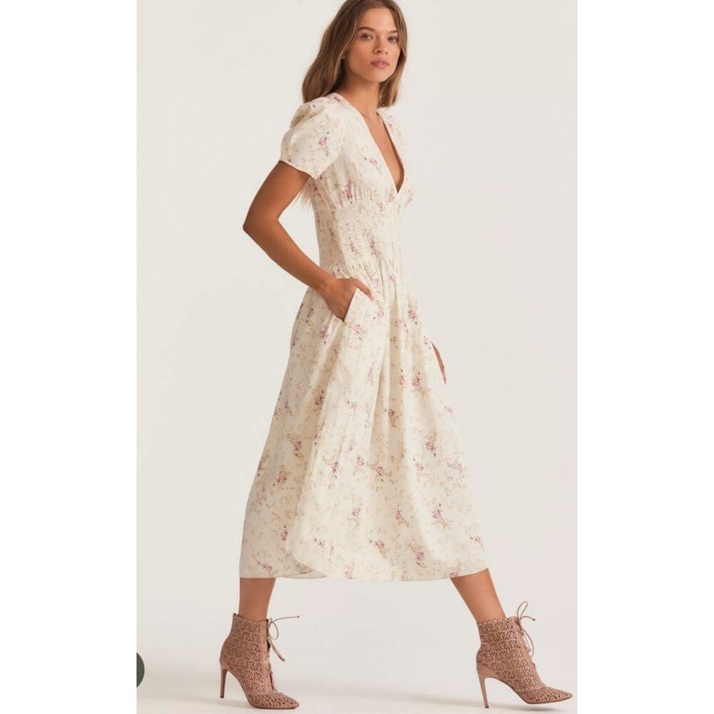 LoveShackFancy Cream Floral Midi Dress with Pink Bouquet Print - Picture 6 of 16
